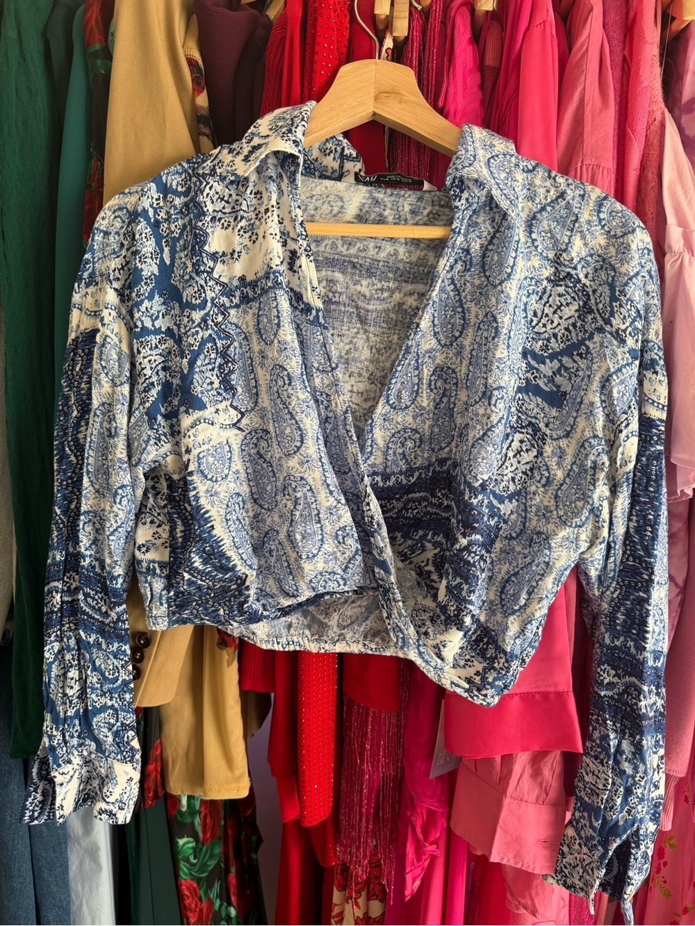 Zara Blue and White Paisley Button-Down Crop Shirt